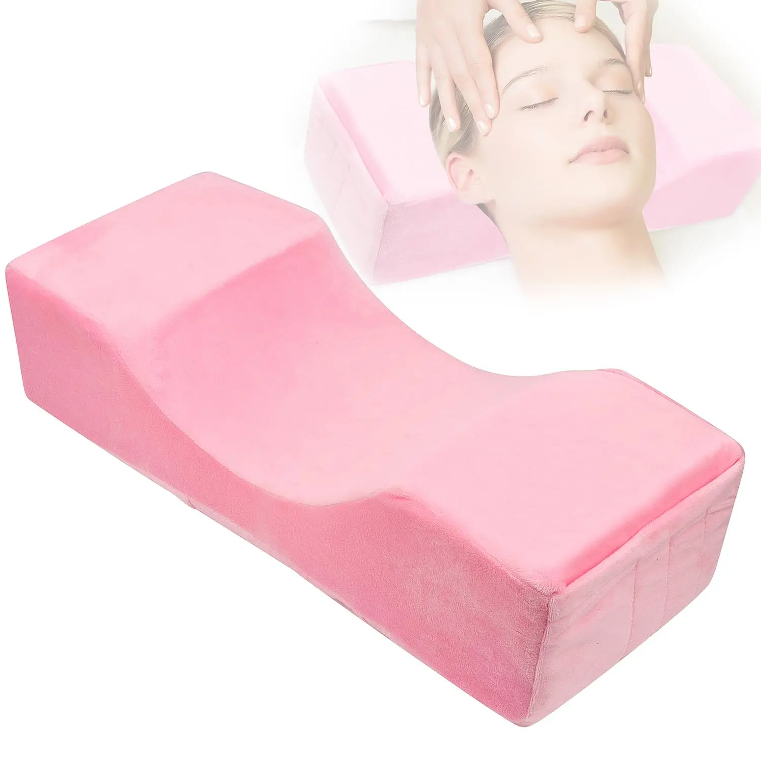 U-Shaped Bed Pillow with Neck - Curved Memory Foam Beauty Pillow for Eyelash Extensions & Salon Services, Two Pockets for Tools on The Sides of Removable Velvet Pillowcase