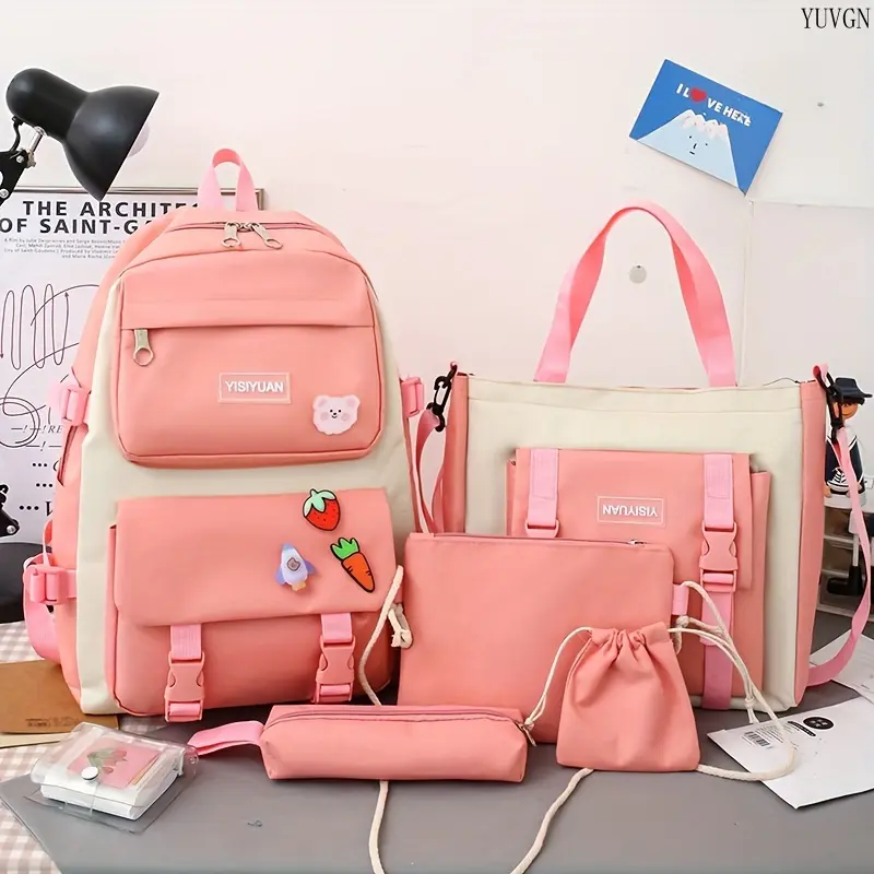 2026 Trendy Korean Style 5-in-1 Large Capacity School Backpack Set, Multifunctional Student Bookbag with Matching Pouches, Zippered Compartments for Campus Travel, School Backpacks, Backpacks For School, Korean Look