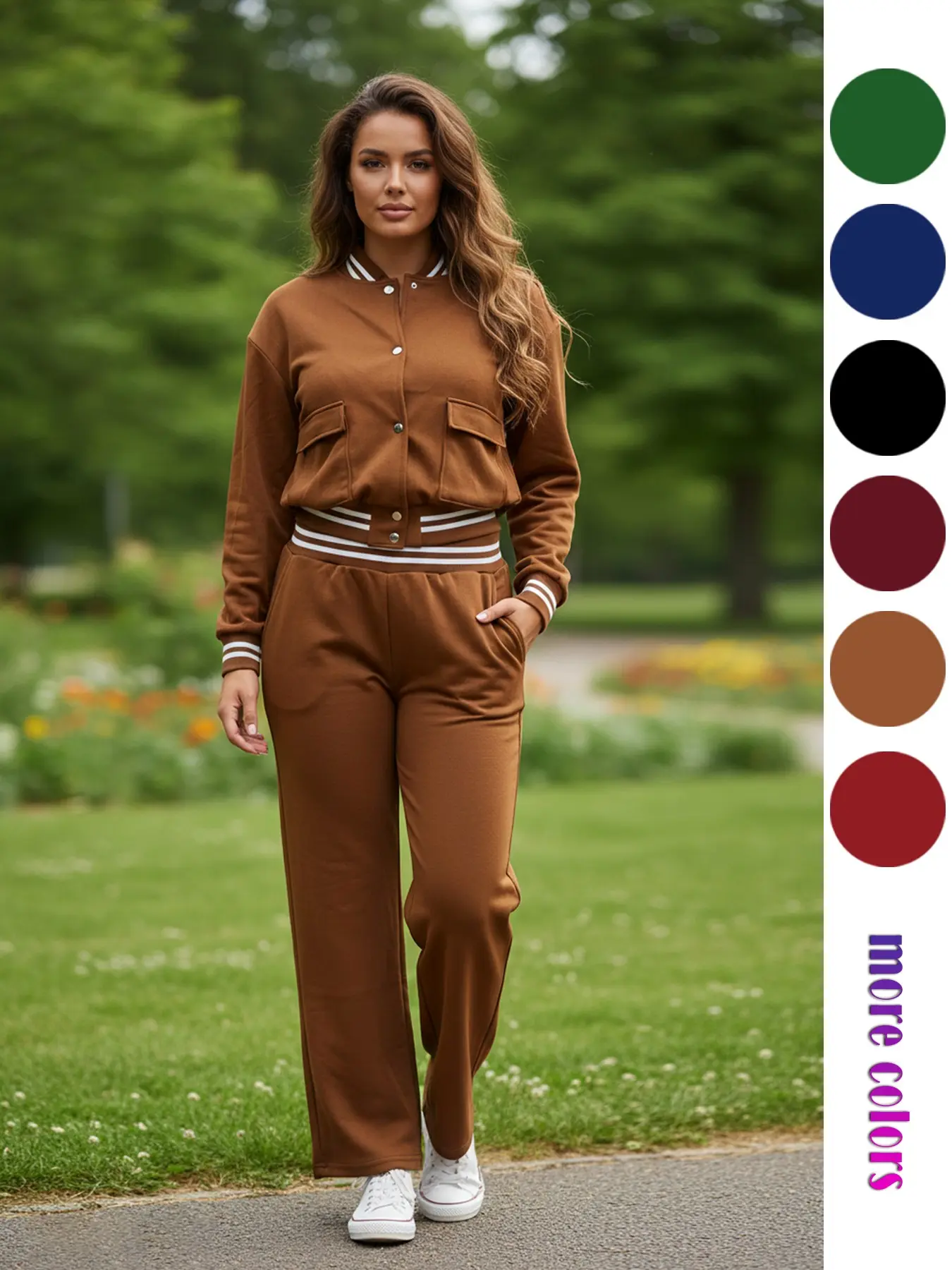 2026 Spring Casual 2 Piece Tracksuit, Athleisure Tracksuit for Women, Button Front Striped Trim Baseball Jacket and Wide Leg Pants Lounge Set, Athleisure Outfits