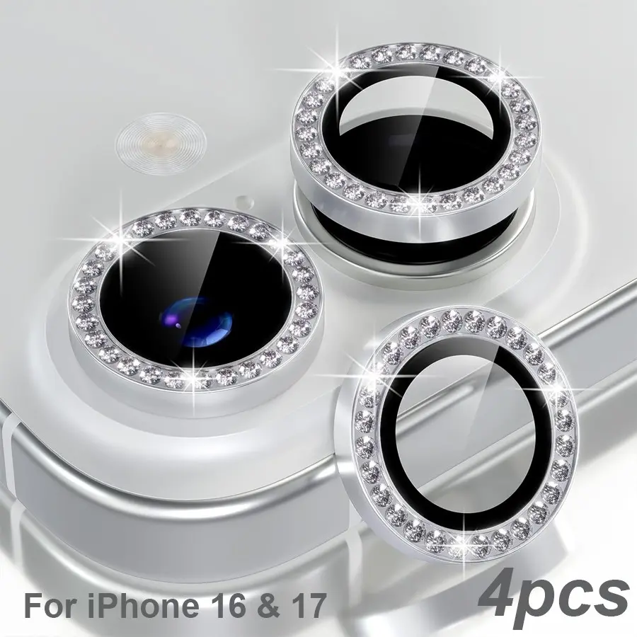 4-Pack Diamond Bling Camera Lens Protector for iPhone 16 & 17 | 9H Tempered Glass Cover with Aluminum Alloy Ring Decoration | Scratch-Proof, Durable, Aesthetic & Case-Friendly Accessory