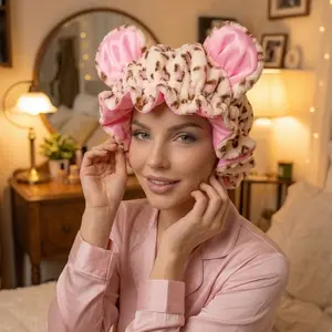 Cute Plush Satin Sleep Bonnet for Women, Leopard Print Bear Ears Night Cap, Soft Elastic Hair Bonnet, Anti-Frizz Overnight Hair Wrap