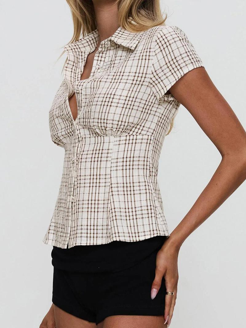 Women's Plaid Blouse Casual Button Front Slim-fitting Short Sleeve Collar Top for Summer, Women's Clothes for Daily Wear