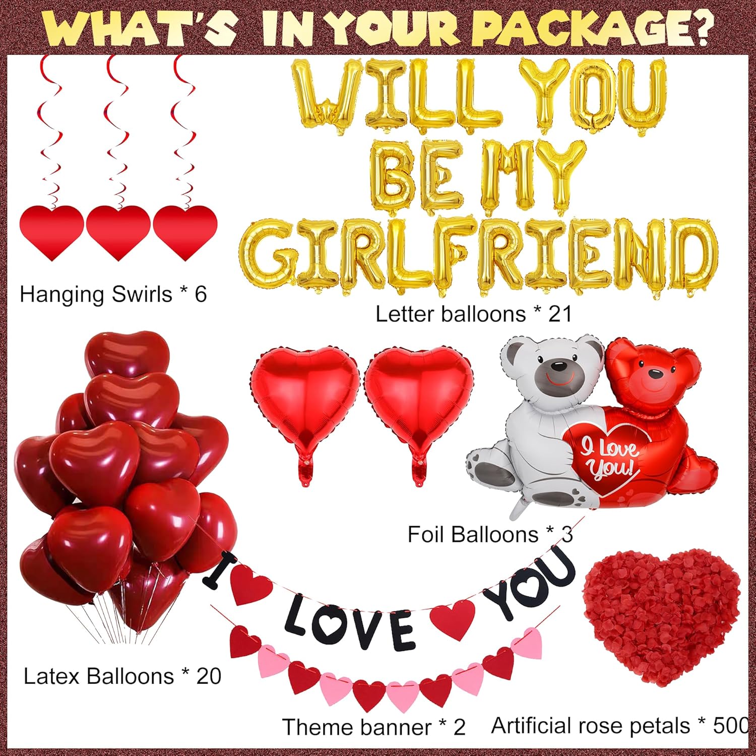 Valentine’s Day Decoration Balloon Kit - 16 Synthetic Foil Mylar Alphabet Letters, 18 Rubber Heart-Shaped Pieces, 2 Heart Hollow Foil Balloons, 1 "Will You Be My Girlfriend" Banner, Love Bear Hollow Wall Accessory for Birthday