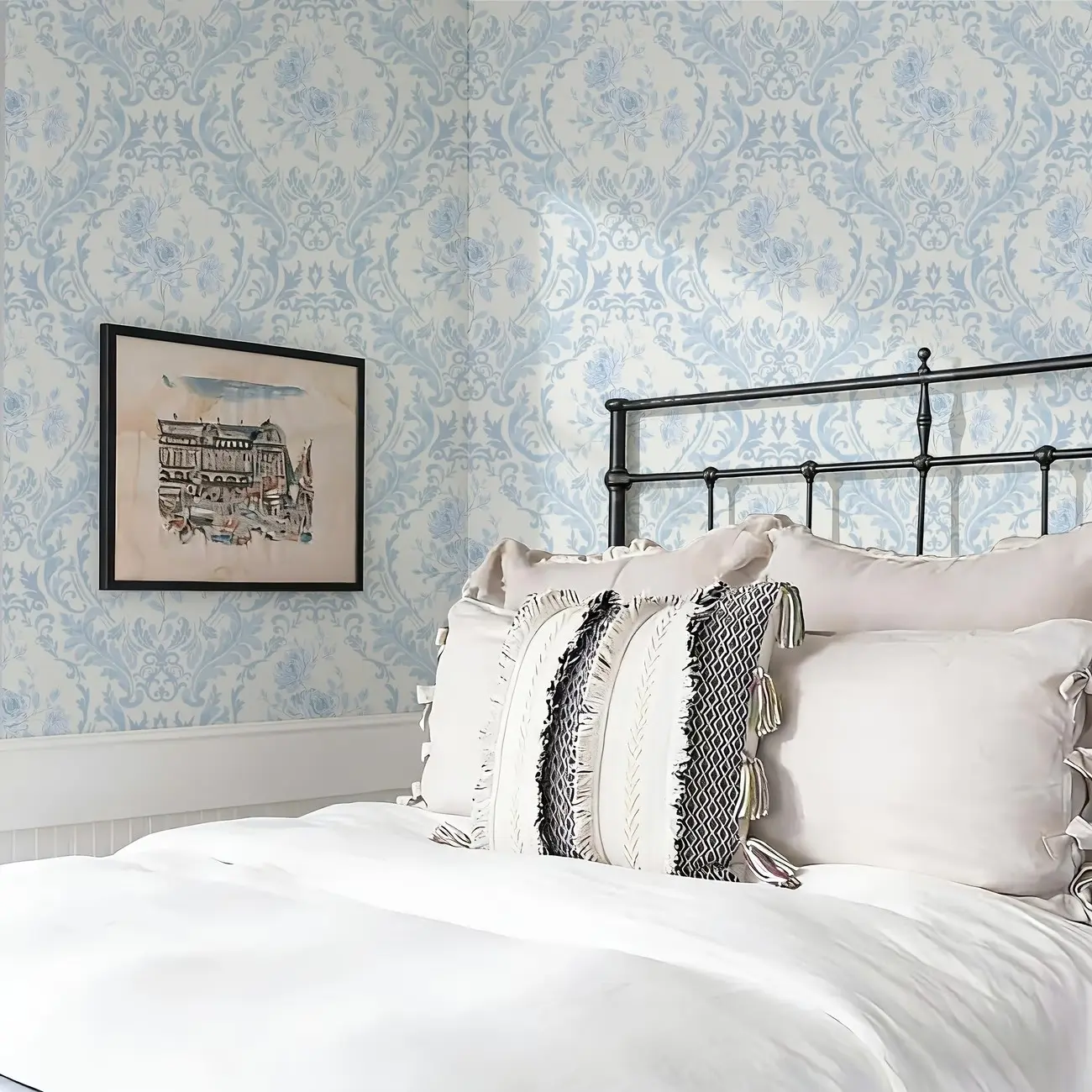 Base Soft Blue Baroque Floral Self Adhesive Wallpaper, Peel and Stick, Mould-Proof, for Bathroom, Bedroom, Living Room, Home Decor Gift