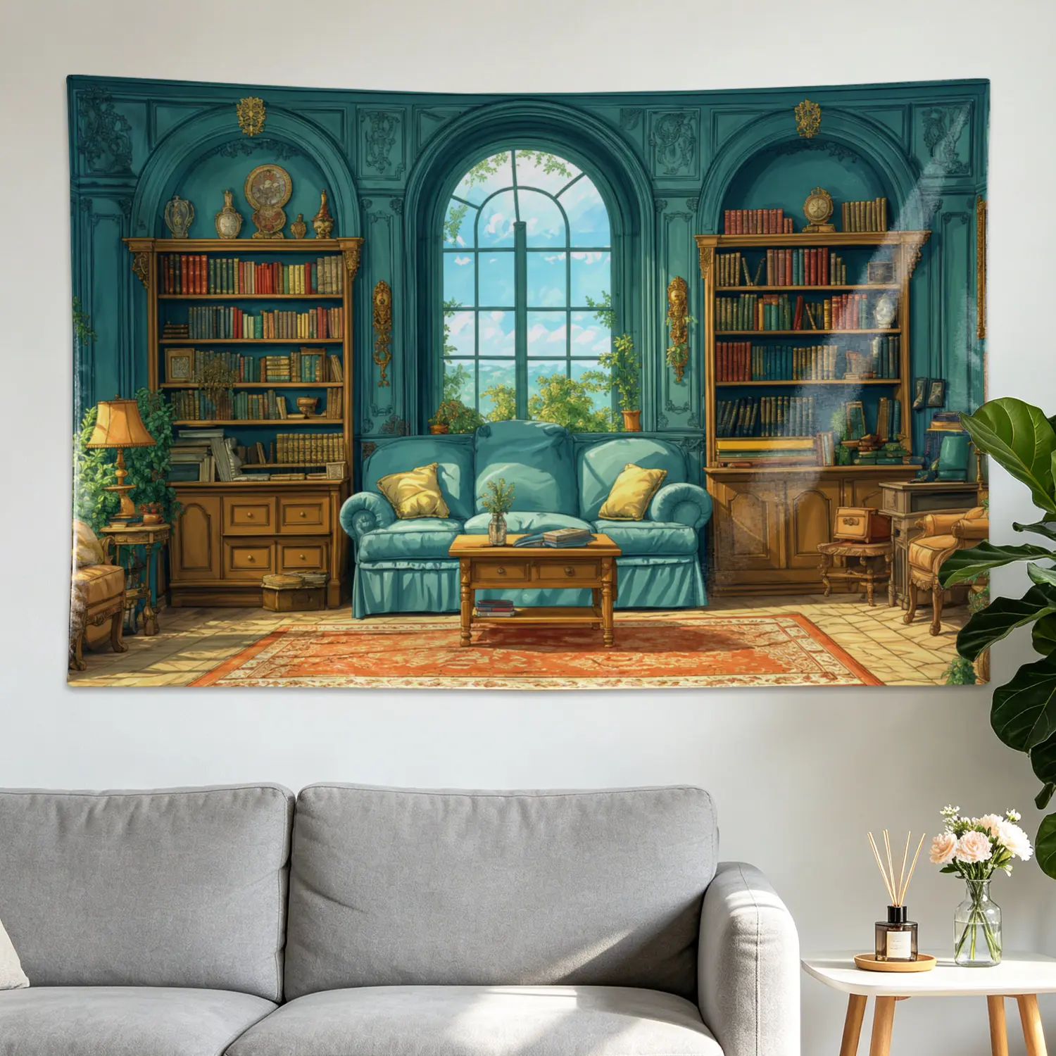 Vintage Library Window Polyester Tapestry - Large Horizontal Printed Wall Hanging Bookshelf Decor, Colorfast Artwork for Living Room, Room Decor, No Installation Needed, Gift Idea for Family