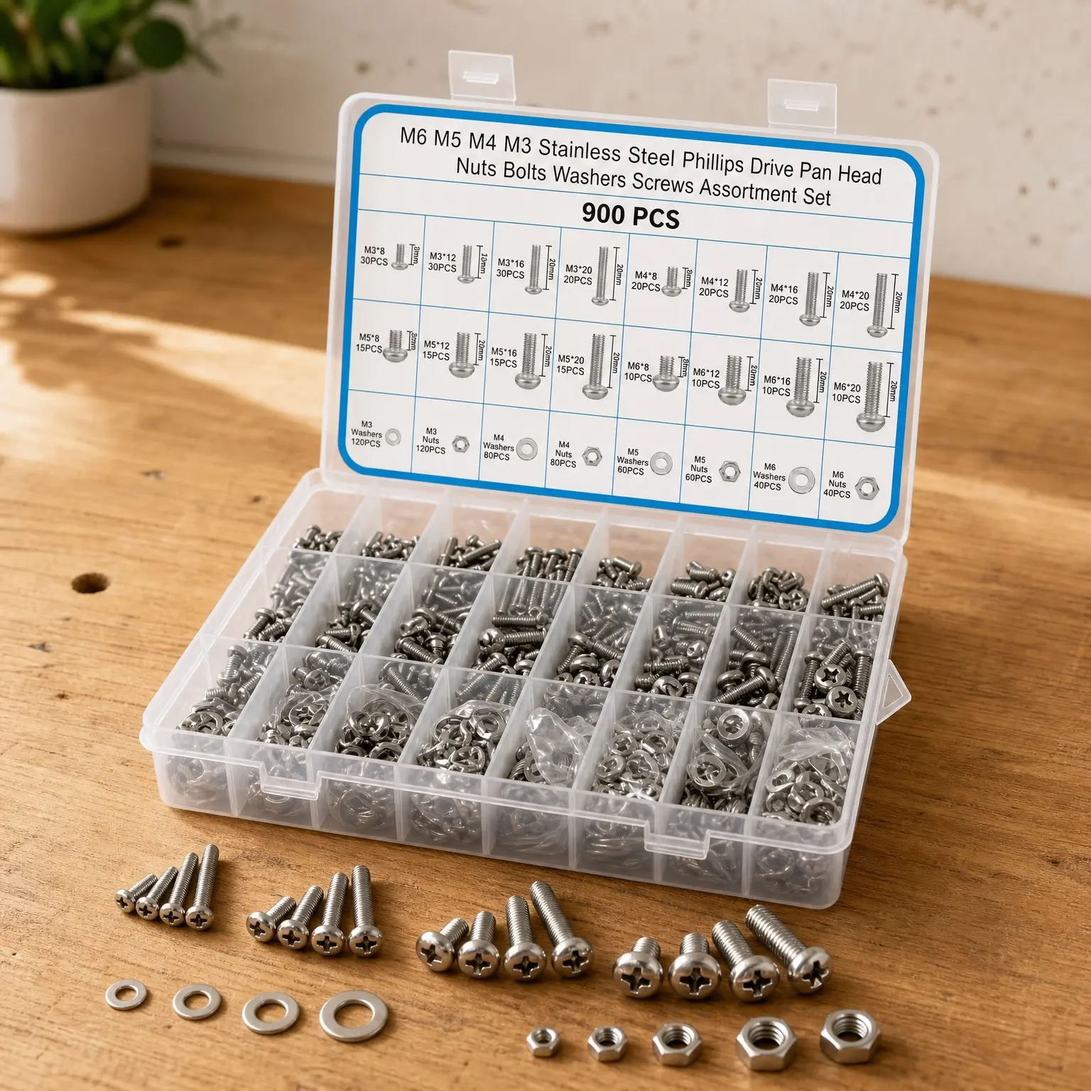 900 Pcs Stainless Steel Metric Nuts and Bolts Assortment Kit, M3 M4 M5 M6 Phillips Drive Pan Head Machine Screws with Flat WashersGift