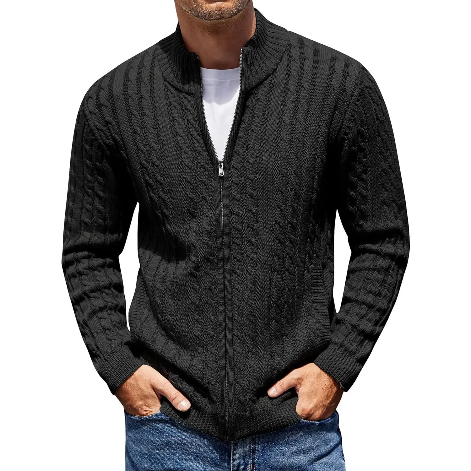 Men's Full Zip Cardigan Sweater Slim Fit Cable Knitted Zip Up Sweater with Pockets