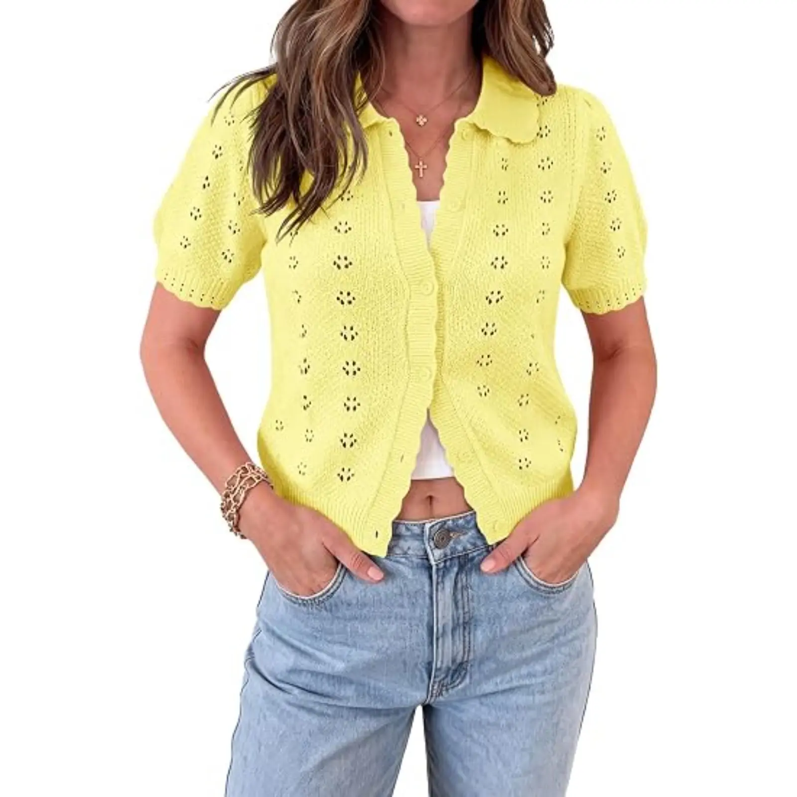 Saodimallsu Women's Basic Loose Fit Medium Length Solid Plain Knitting Puff Short-Sleeve Cotton Cowl Neck Cardigan, Lightweight Crochet Button Scalloped Edge 2026 Summer Casual Chic Holiday Sweater Top
