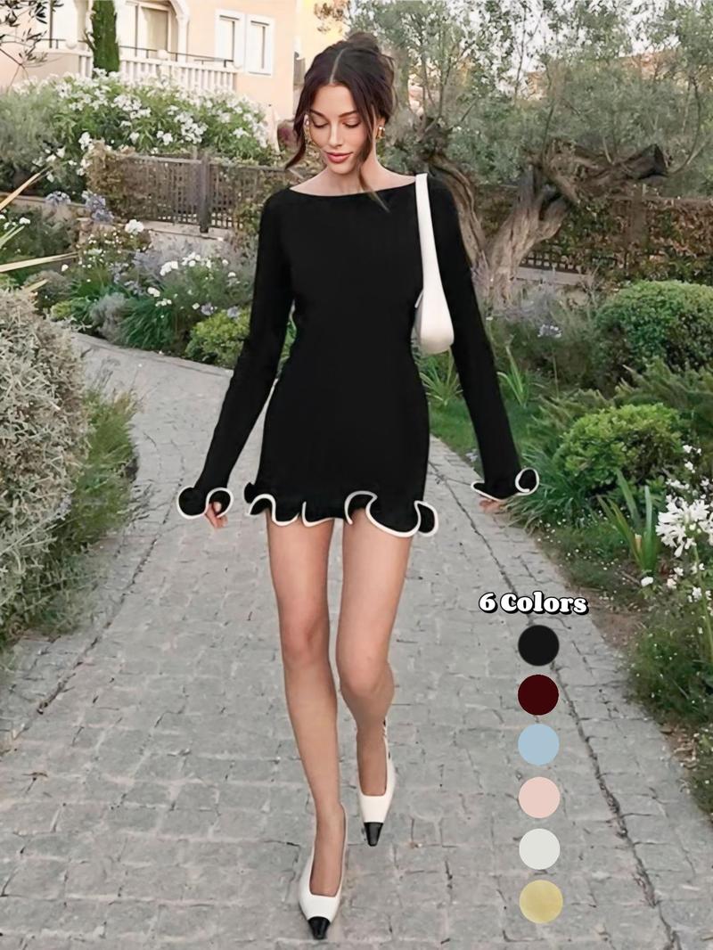 Women's Elegant Long Sleeve Colorblock Knit Dress, Spring & Fall Fashion A-Line Skirt, Contrast Binding Design