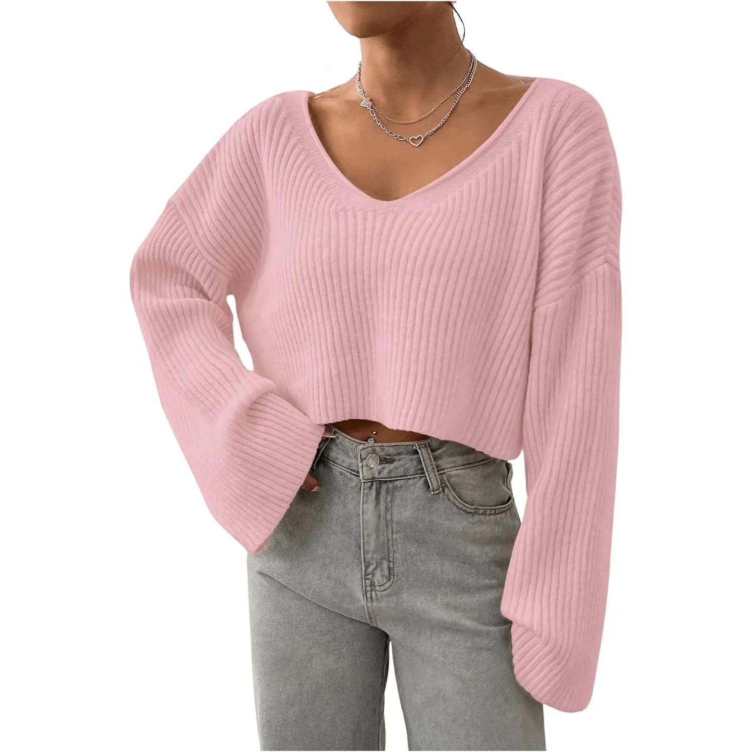 Women's Long Sleeve Cropped Fall Pullover V Neck Drop Shoulder Rib Knit Sweaters Top