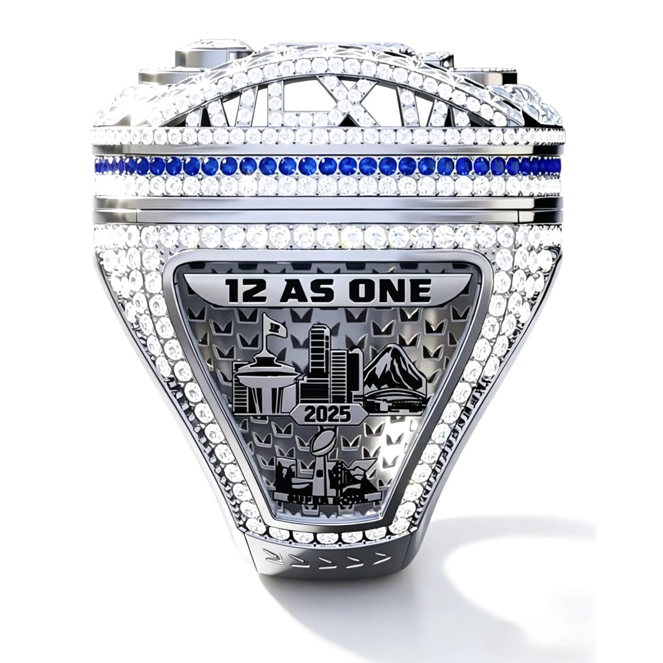 2026 Seattle American Football Championship Replica Ring for Fans, One-Piece Non-Detachable Design, Sparkling Crystal Inlay Fashion Statement Band, Metal Plated Unisex Daily Wear Jewelry with Wooden Gift Box