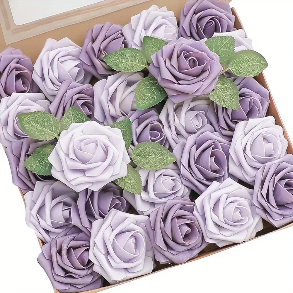 25pcs Synthetic Foam Roses - Real-Looking Lavender African Violet Purple Floral Decorative Flowers with Stems, Injection Molding 3D Printing Screen Printing Universal for DIY Home Decor, Wedding Bouquets, Diy Decor