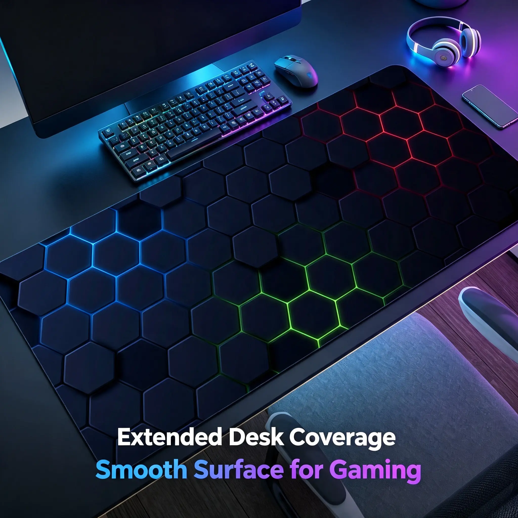 Cyberpunk Hexagon Grid Large Gaming Mouse Pad, Cloth Surface With Anti Slip Rubber Base, Smooth Extended Keyboard Mat For Gaming Room And Home Office Desktop Decoration