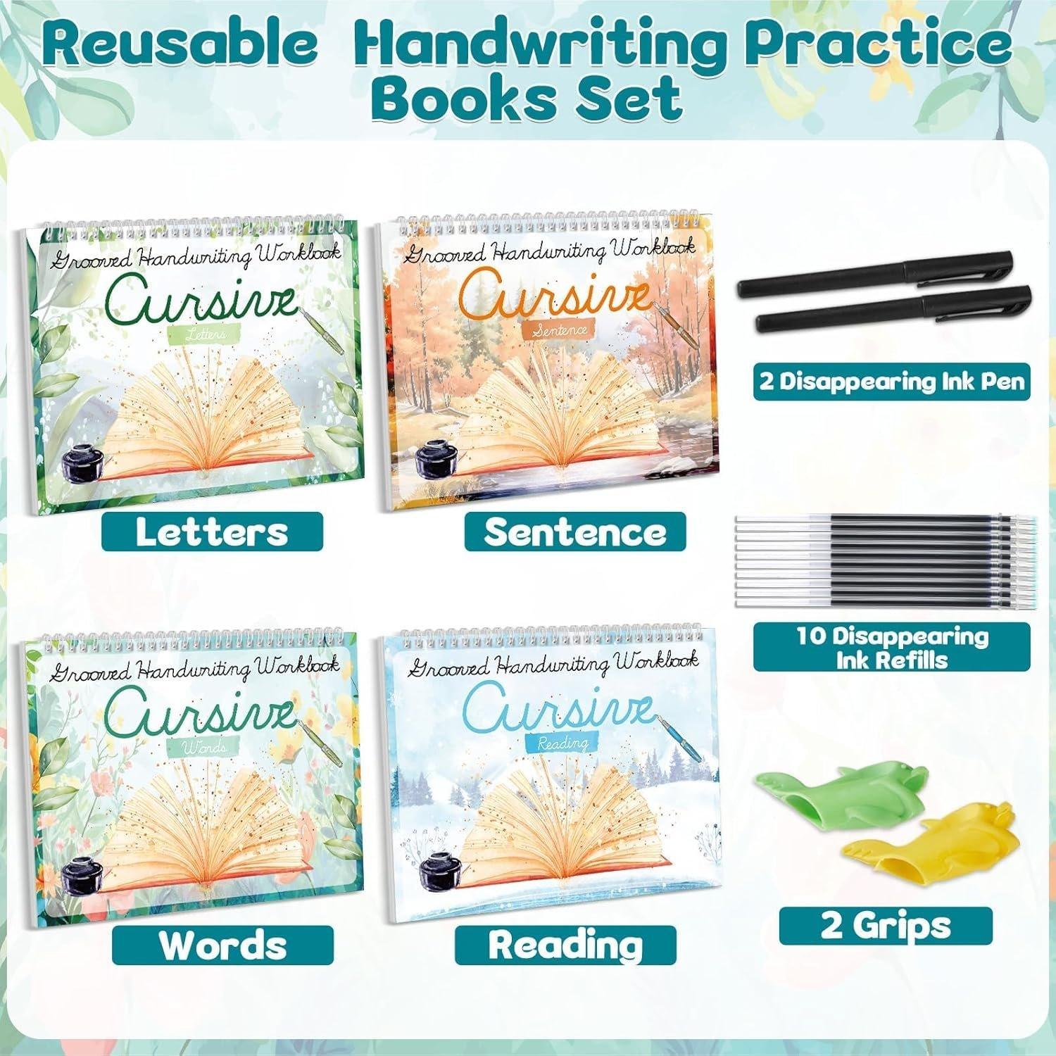 4 Pack Grooved Cursive Handwriting Workbook Kit Magic  Grooved Handwriting Practice with Disappearing Ink Pens Cursive Kickoff Student Workbook for  Words Letters Sentences Reading