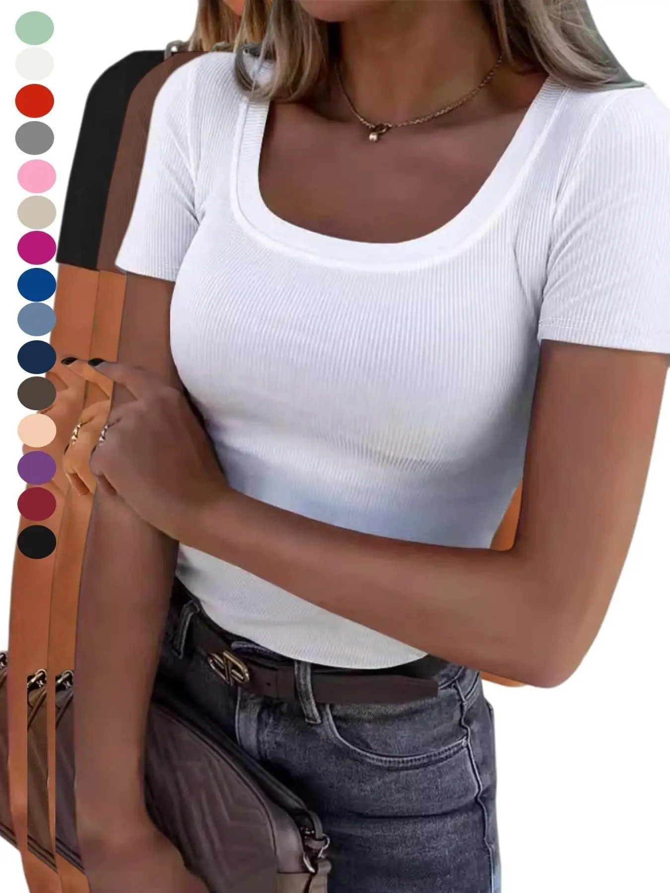 2026 Women Short Sleeve Square Neck Rib Knit Shirt Slim Fit Basic Tee Summer Casual T-Shirt Top Trendy Soft Clothing All Seasons
