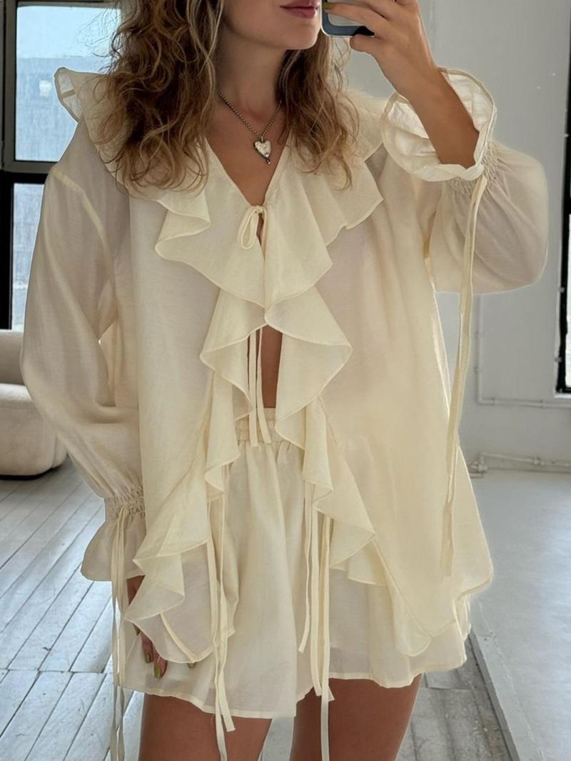 Women's Solid Ruffle Trim Blouse & Shorts Two-Piece Set, Casual Bishop Sleeve Long Sleeve Top & Shorts for Daily Wear, Ladies Two-piece Outfits for Summer