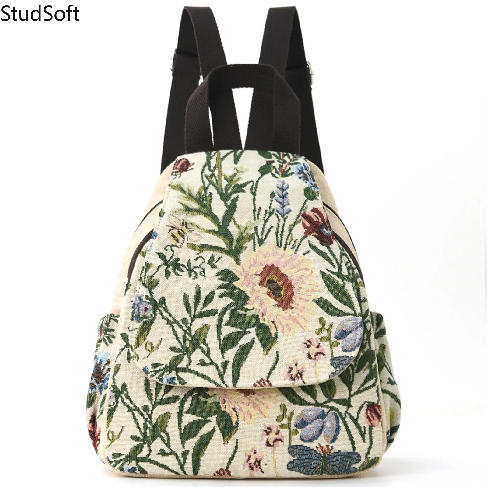 Trendy Floral Backpack Women Jacquard Tapestry Sunflower Rucksack Vintage Cottagecore Aesthetic Casual Daypack Knapsack for School Travel Shopping