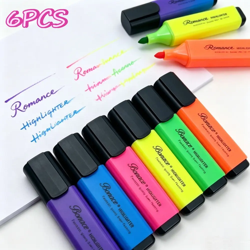 6Pcs Bright Pastel Highlighter Marker Set Chisel Tip Smooth Coloring No Bleed Ink Stationery For Students Teachers Office Workers Journal Lovers Back To School Christmas Birthday Holiday Gift Stationery Collection Supplies