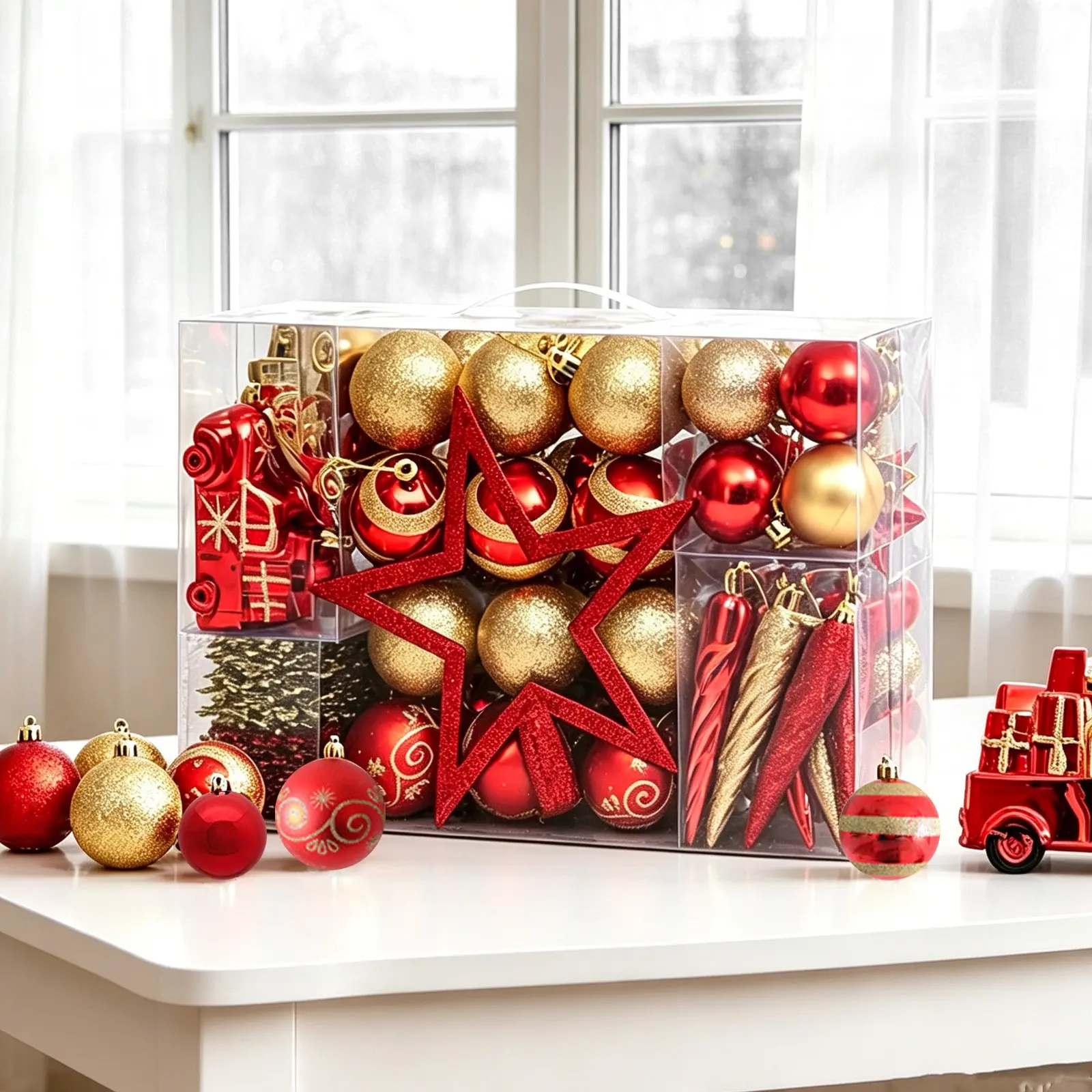 102pcs Christmas Decorations, Snowflake Car Tree Top Star Gold Painted Ornament Balls, Holiday Festival Decoration Supplies