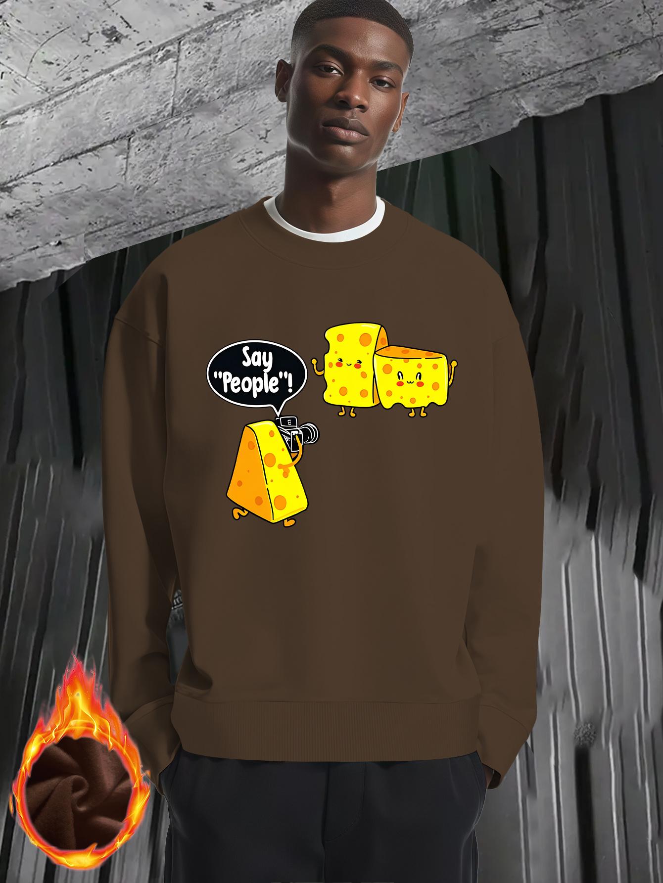 Men'S Funny Cheese & Cheese Slice Graphic Sweater - Oversized Round Neck Long Sleeve Thickened Winter Warmth, Loose Fit Casual Pullover with Cheese Slice & Cheese, Cheese Print - Comfortable Everyday Essential For Men, Cheese Sweater