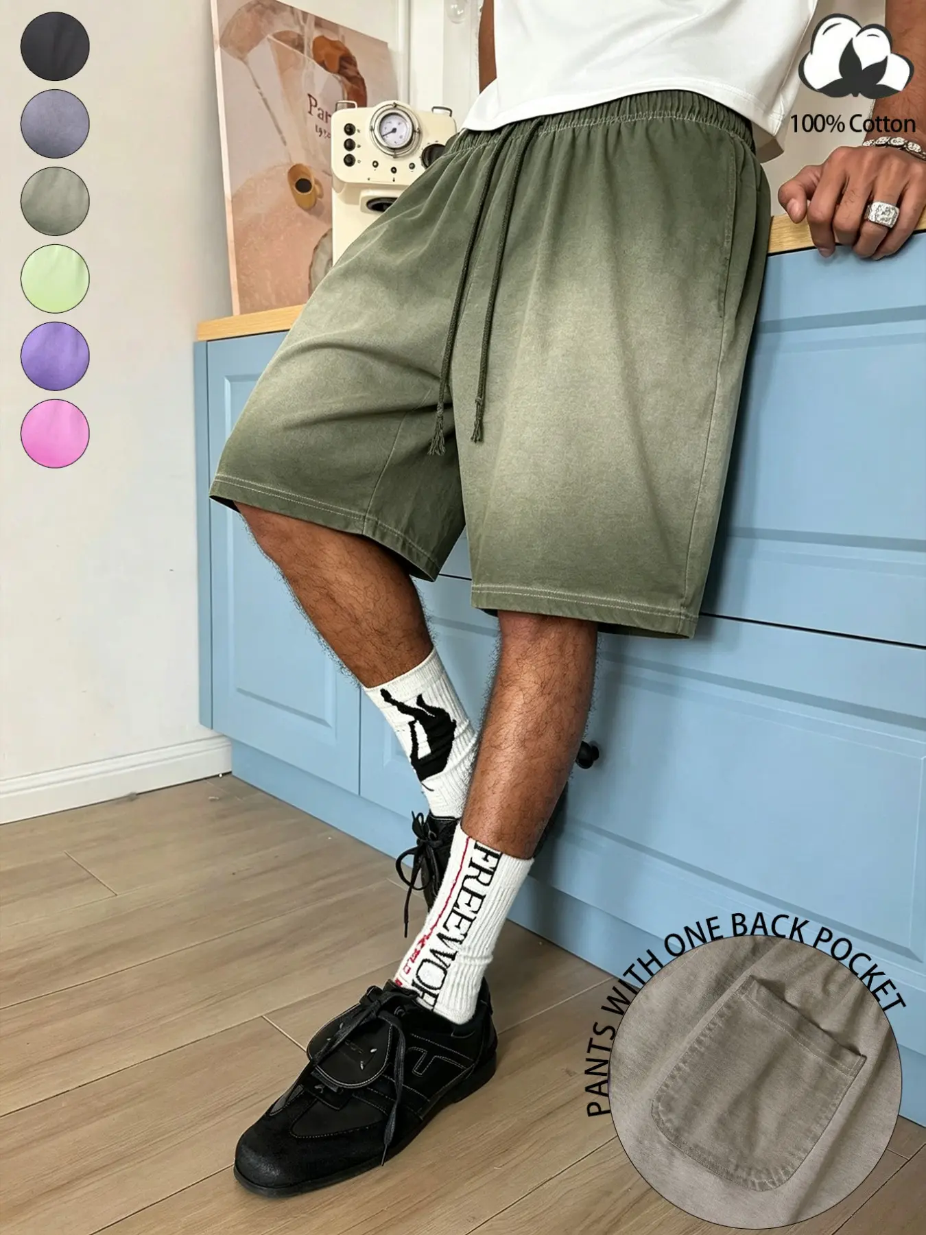 Men's 100% Cotton Gradient Washed Five-Quarter Shorts, Six Macaron Colors, Drawstring Waist, Dual Pockets, Casual Summer Pants