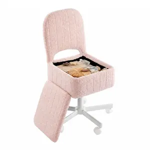 Vanity Stool Chair with Storage and Folding Back, Height Adjustable Lift Ottoman with 360° Swivel and Quiet Wheels, Soft Faux Fur Seat Stool for Makeup Bedroom Living Room Office