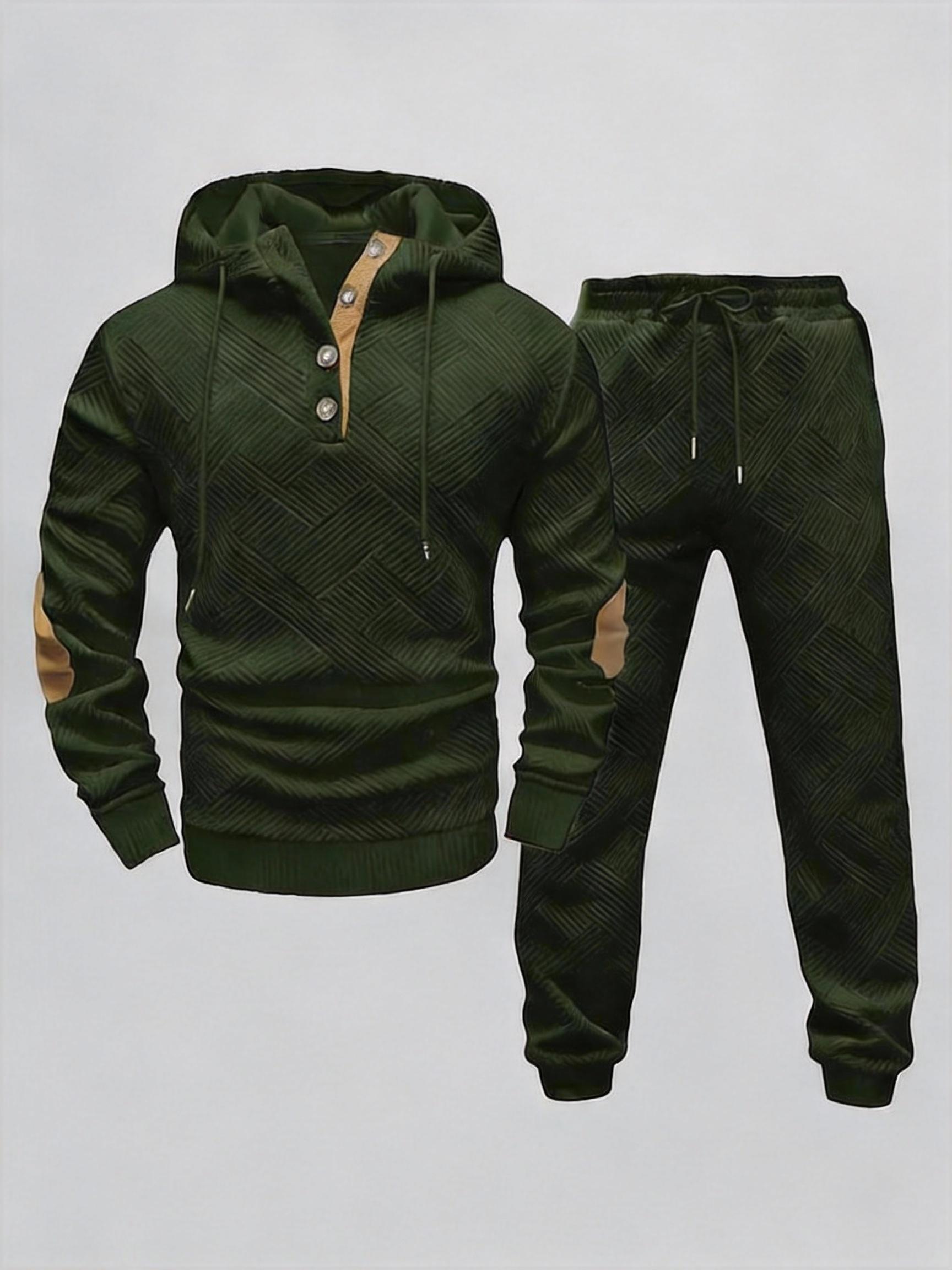 Men's 2-Piece Beige Tracksuit (Hoodie & Joggers) - Diamond Texture, Half-Button Placket (Brown Accent), Casual Stylish Outfit