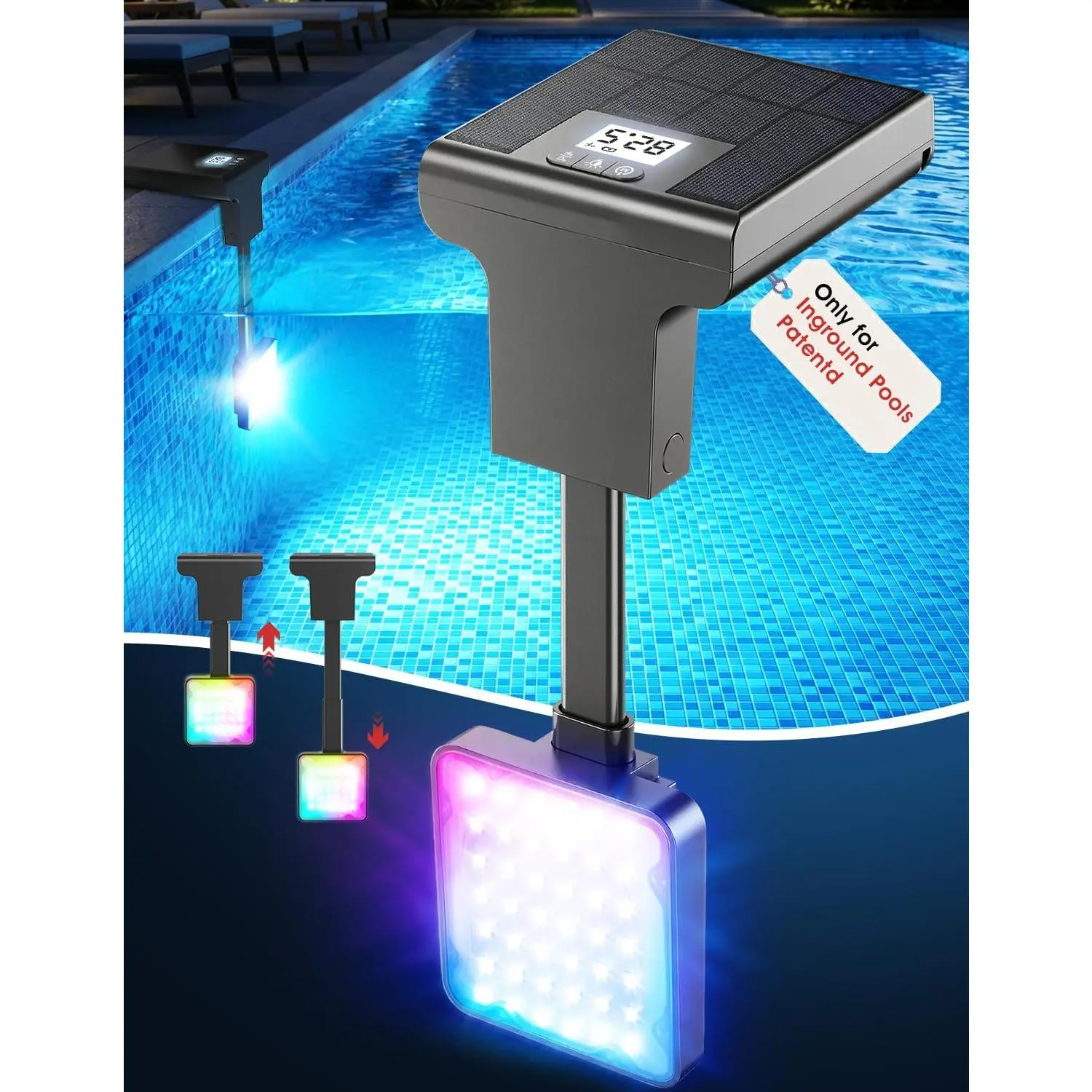 Solar Pool Lights for Inground Pools,Upgraded Solar Lights with LCD Pool Thermometer, Underwater Submersible Led Light for Pool Accessories, Swimming Pool Lighting with 10 Light Modes, 1PC