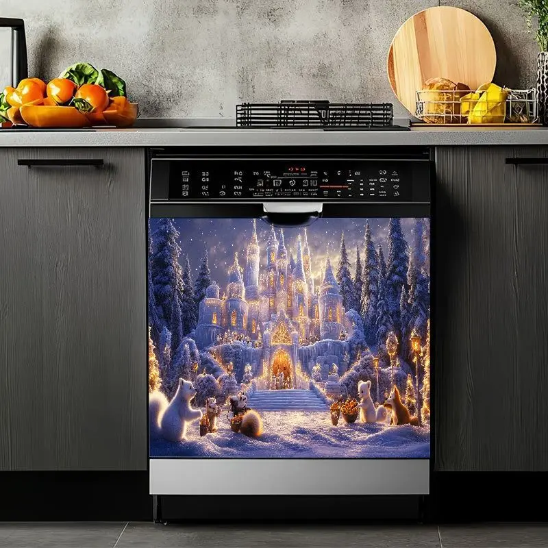 2D Flat 2Pcs Winter Wonderland Castle Dishwasher Magnet Cover Decal Fairy Tale Snow Forest Scene Fantasy Landscape Kitchen Appliance Sticker Enchanted Palace Home Decor for Refrigerator Washing Machine Cabinets Furniture Makeover Decoration