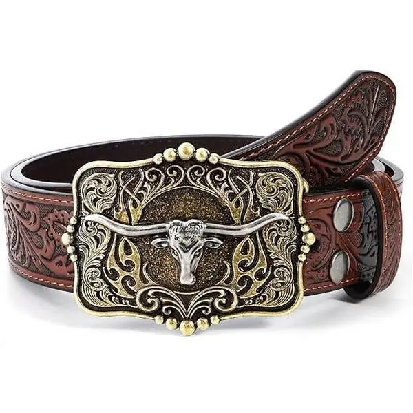 Western Cowboy Belt with Removable Longhorn Bull Buckle & Tooled Floral Pattern Western Cowboy Belt with Removable Longhorn Bull Buckle & Tooled Floral Pattern