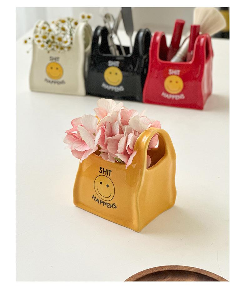 Unique handcrafted bag, creative ceramic pen holder for desktop, stationery storage box, small decorative makeup pen holder