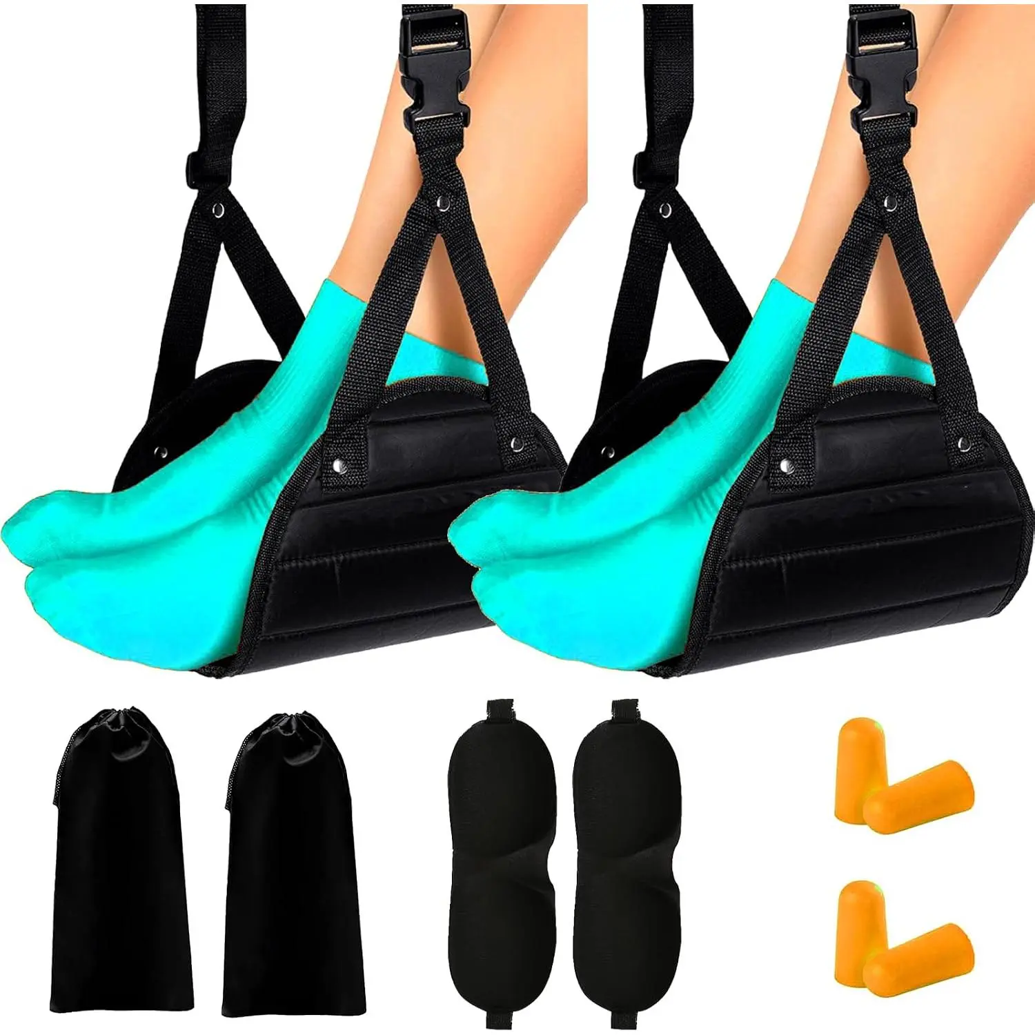 Airplane Foot Hammock for Plane Travel, Adjustable Footrest with 3 Height Positions, Soft Memory   Support for Long Flights, Travel Foot Rest with Eye Mask & Earplugs