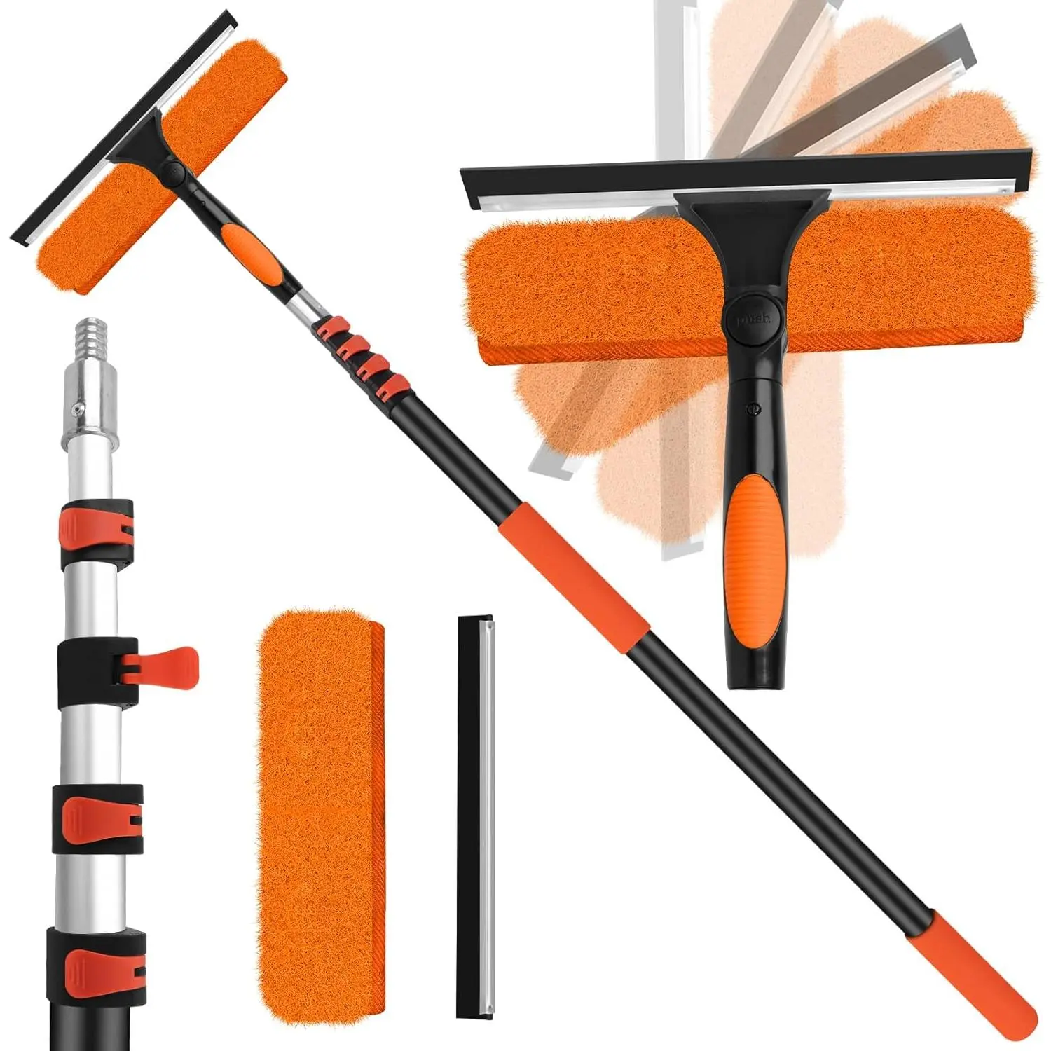 26FT High Window Cleaning Kit with Pole,2 in1 Professional Window Squeegee |   5-20FT Window Clean Pole Kit(2 Squeegee & 2 Microfibre Cloths),180 ° Rotatable Squeegee for Indoor/Outdoor High Windows
