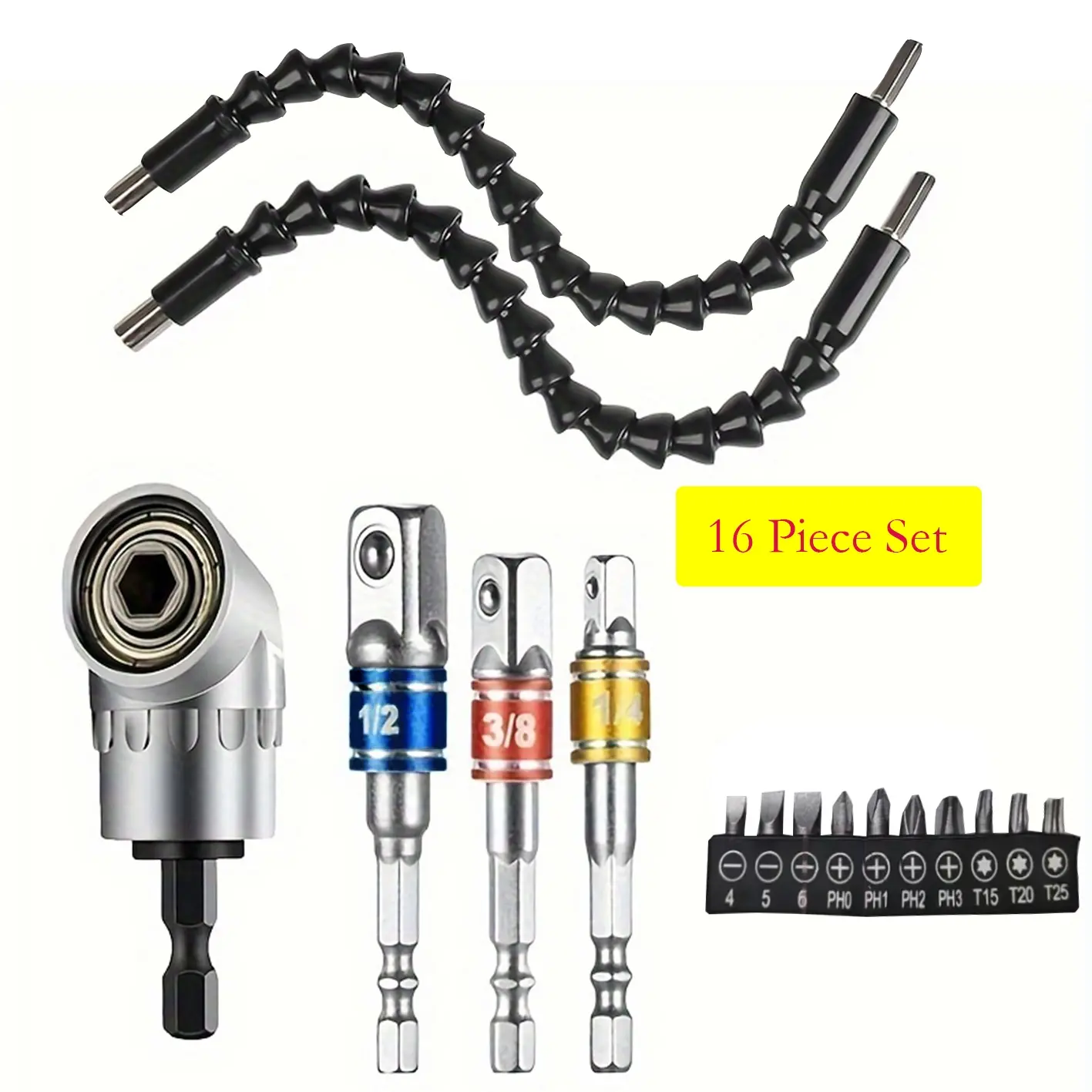 Flexible Drill Bit Extension Set, Impact Grade Power Hand Tools, 1/4" 3/8" 1/2" Hex Shank Drill Nut Driver Bit Set & 105 Degree Right Angle Driver, Universal Hexagonal Handle Flexible Extension
