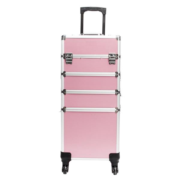 4 In 1 Aluminum Makeup Case Pink, Professional Cosmetic Storage Box for Makeup Tools Brushes and Accessories, Portable Beauty Organizer for Travel and Home Use