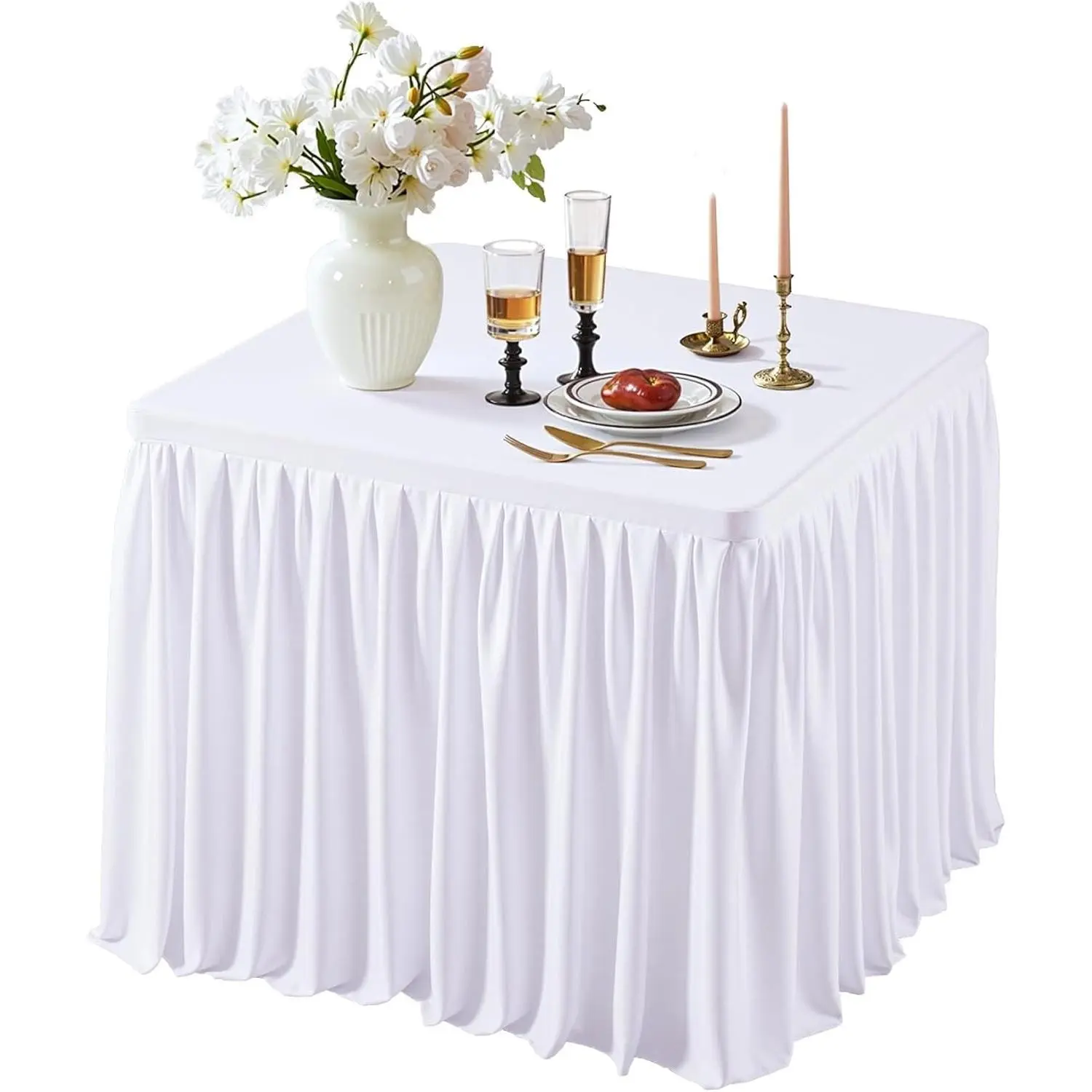 White Square Tablecloths 34x34 Inch,Stretch Fitted Small Square Table Cloth Washable Fabric Card Table Cover with Pleated Ruffle Skirt for Dining,Kitchen,Buffet Parties,Trade Show,Vendor Stand