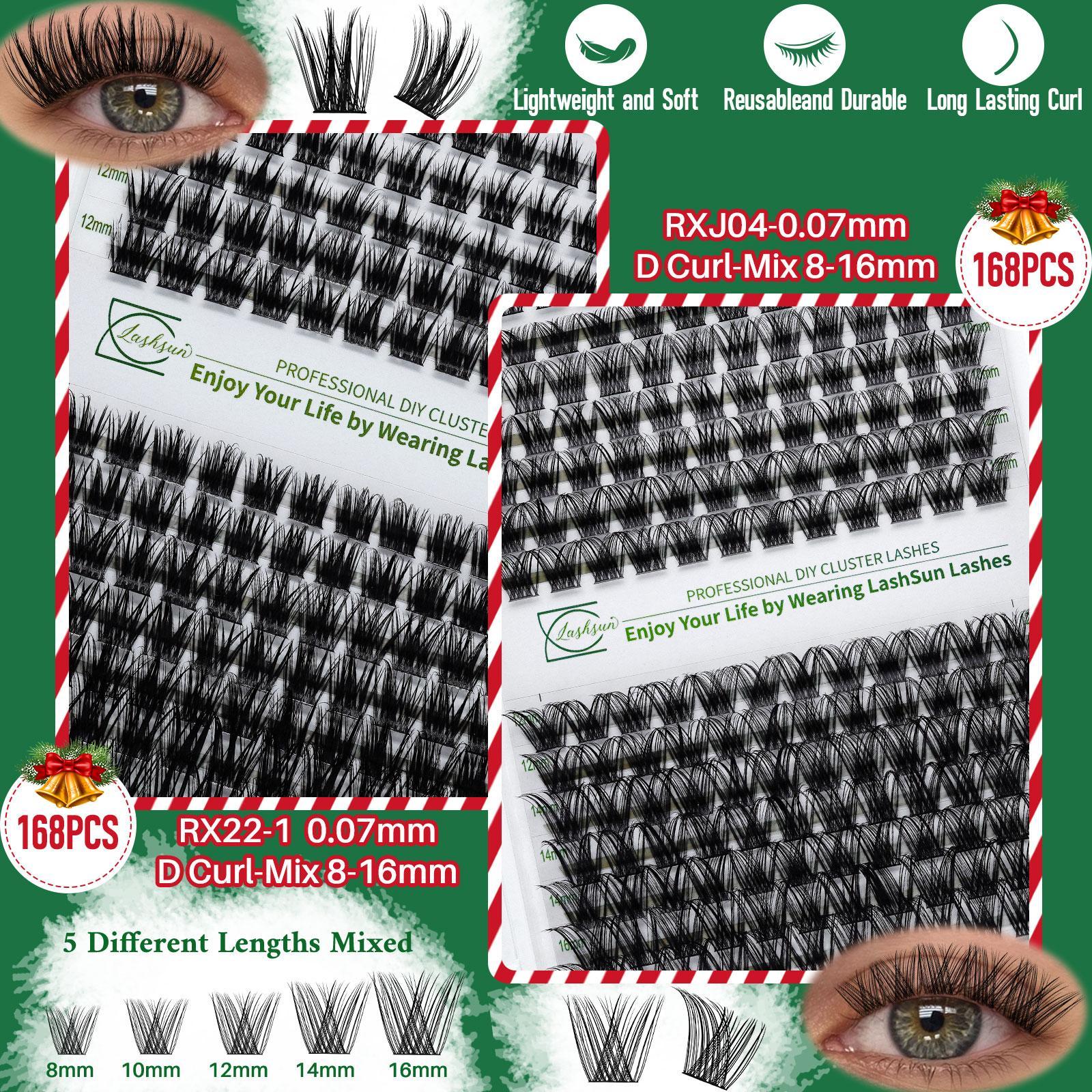 LASHSUN CHRISTMAS GIFT 10PCS Kit , D Curl 8-16mm DIY Lash Clusters Kit Multi-Type Lash Volume Eyelash Clusters with Bond&Seal Lash Remover Lash Brush Tweezers DIY Eyelashes Kit