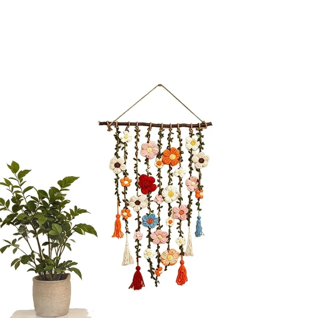 Creative Crochet Floral Vine Wall Hanging, Boho Hand Knitted Flower Tapestry for Bedroom Home Decor