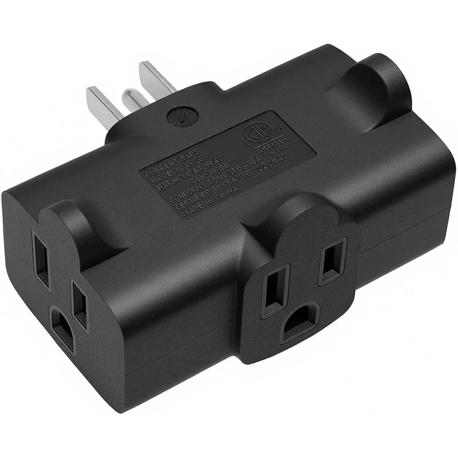 3-Outlet Adapter,3 Prong Plug Wall Extender, Heavy-Duty Grounded Power Tap 3 Way Splitter Adapter, T-Shaped 3-Sided Design, Electrical Multiple Outlet Expander, 15A, 125V, 1875W, ETL Listed, Black