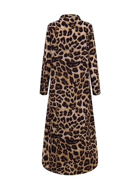 Women's Leopard Print Button Front Flap Pocket Shirt Dress, Casual Curved Hem Long Sleeve Collared Long Dress for Daily Wear, Ladies Clothes for All Seasons