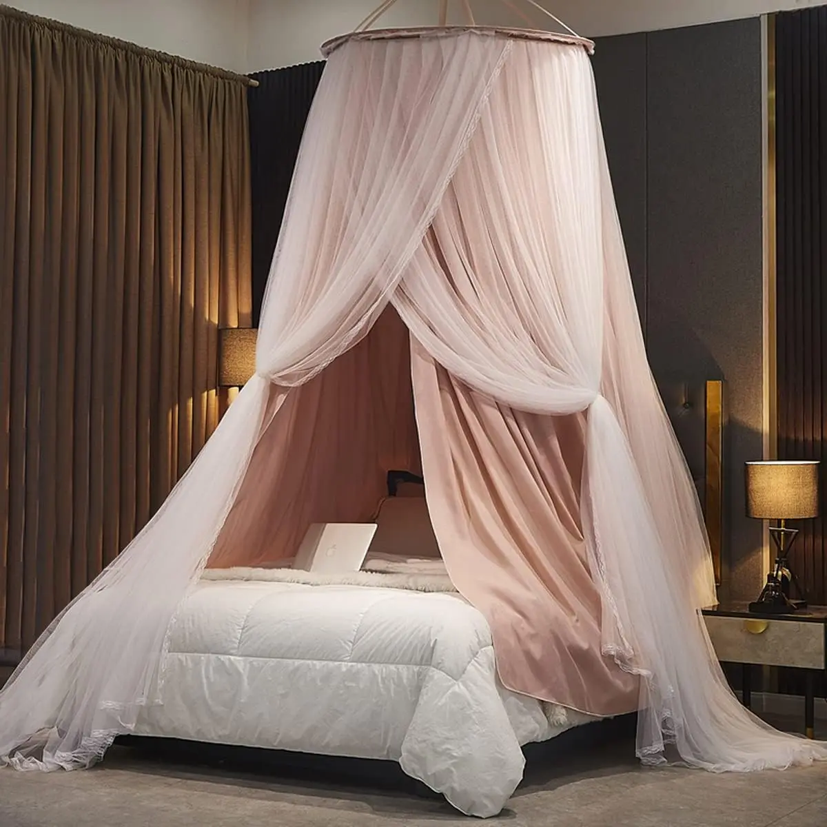 Luxurious Bed Canopy for Girls & Adults - Double Layer Princess Canopy with Lace, Round Dome Mosquito Netting for Queen/King Bed Tent (Pink)