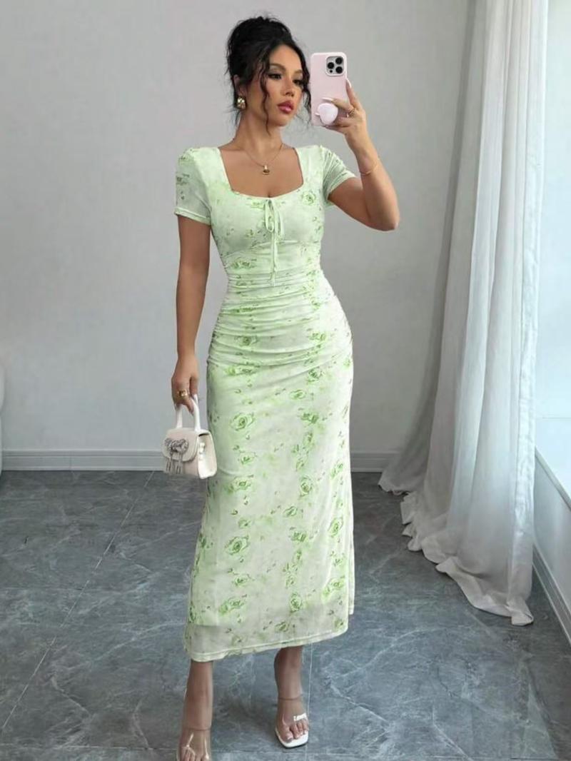 Women's Floral Print Dress, Elegant Dresses, Chic Elegant Aesthetic Short Sleeve Dress for Party Holiday Wedding Guest, Ladies Clothes for Summer, Womenswear