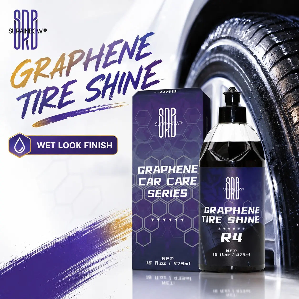 Graphene Tire Polish Agent 473ML, Professional Car Care Wet Shine Gloss, Even Application, Deep Brightening, Hydrophobic Dustproof, for Cars Suvs Trucks