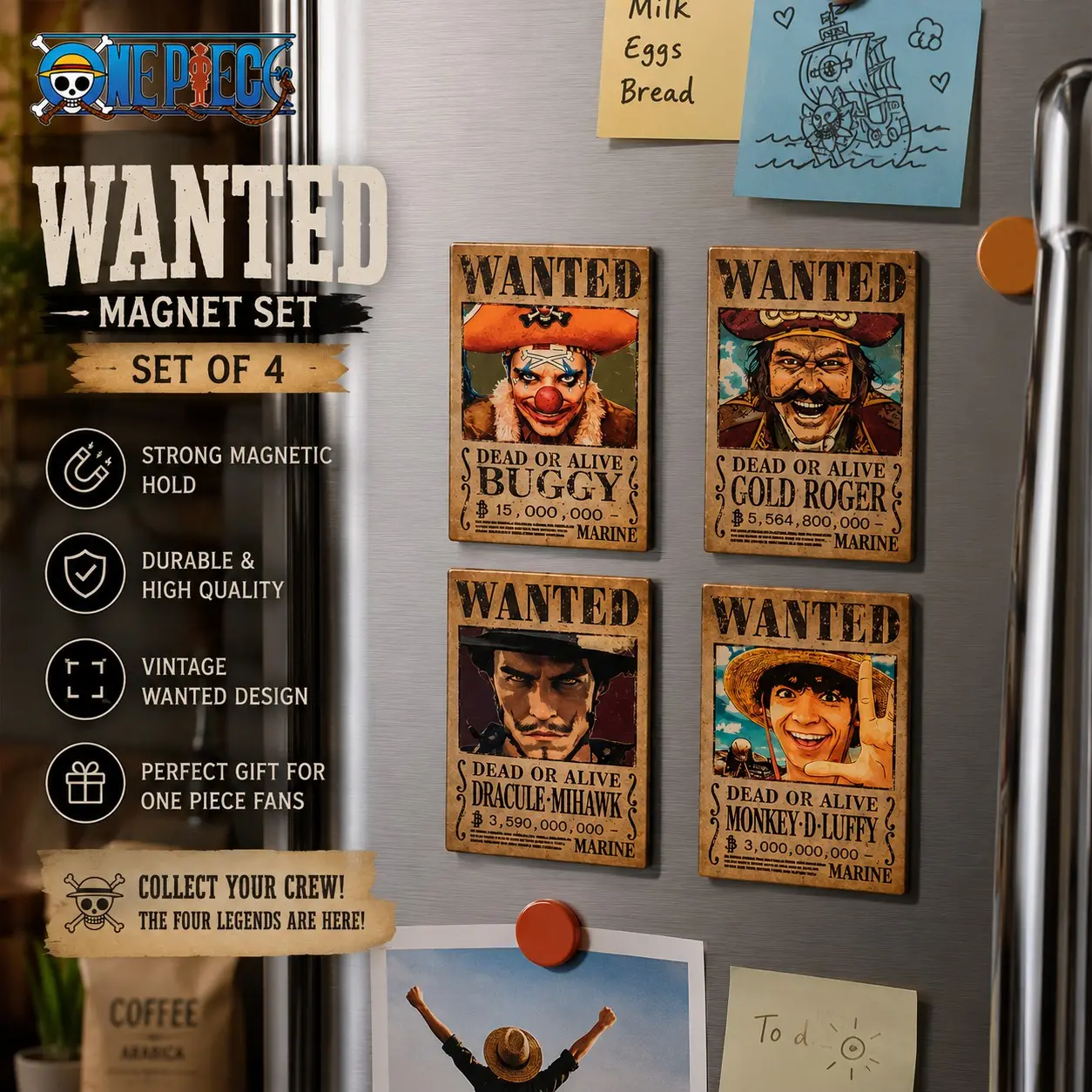 Netflix Official One Piece Wanted Magnet Set of 4, Luffy Buggy Roger Mihawk Resin Stickers, Vintage Anime Fridge Decor, Geek Gift, Refrigerator Magnets