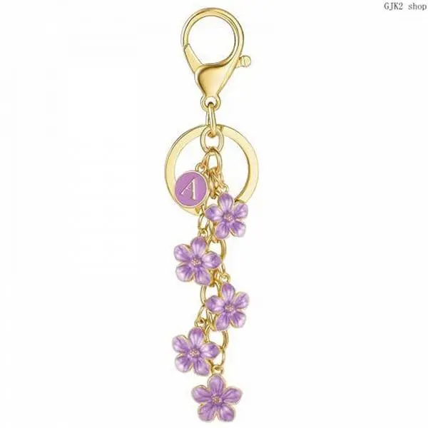 26 Letters Purple Flower Tassel Keychain, Double Sided Enamel Initial Bag Charm