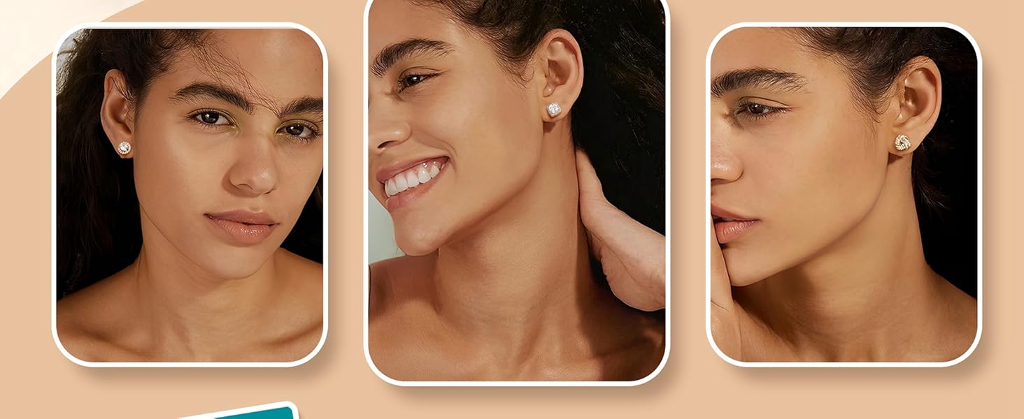 4 Pairs Trendy Sterling Silver CZ Stud Earrings for Women 14K Gold Plated Brilliant Celtic Heart Big Stud Earrings Set Cubic Zirconia Earrings Studs for Sensitive Ear