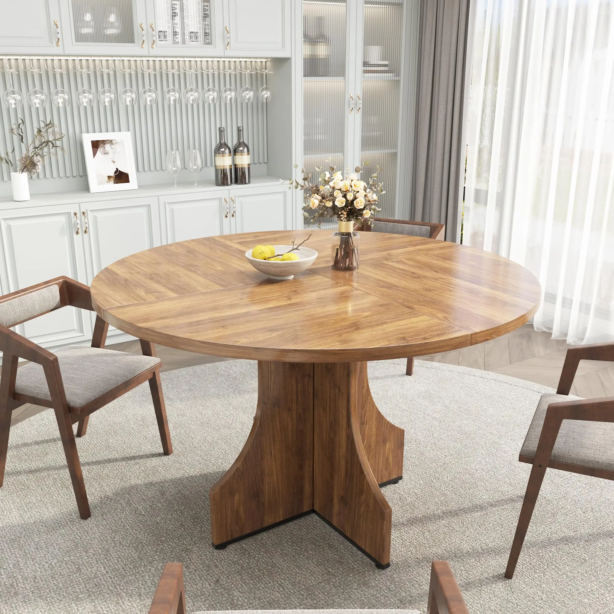 47-Inch Round Shape Farmhouse Dining Table, Space Saving Furniture with Stable Pedestal Base, Solid Wood Table for Small Apartments & Breakfast Nooks, Seats 4-6, Quick Setup Easy Assembly