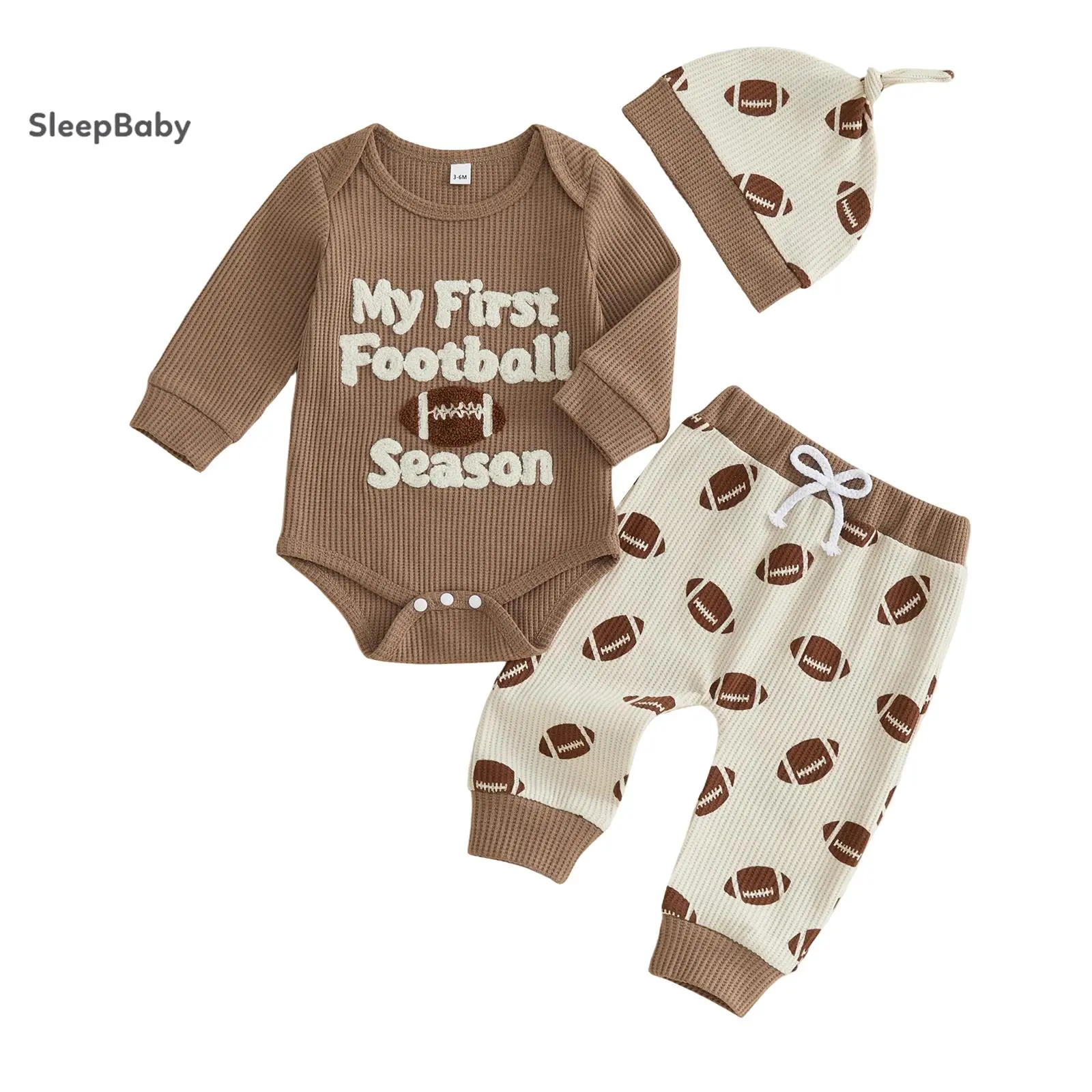 Baby Boy Football Theme 3-Piece Outfit Set - Waffle Knit Long Sleeve Bodysuit with Letter Print, Printed Jogger Pants, Hat, Cotton Blend Boy Outfits, Safe Materials for First Football Season, Set Pack