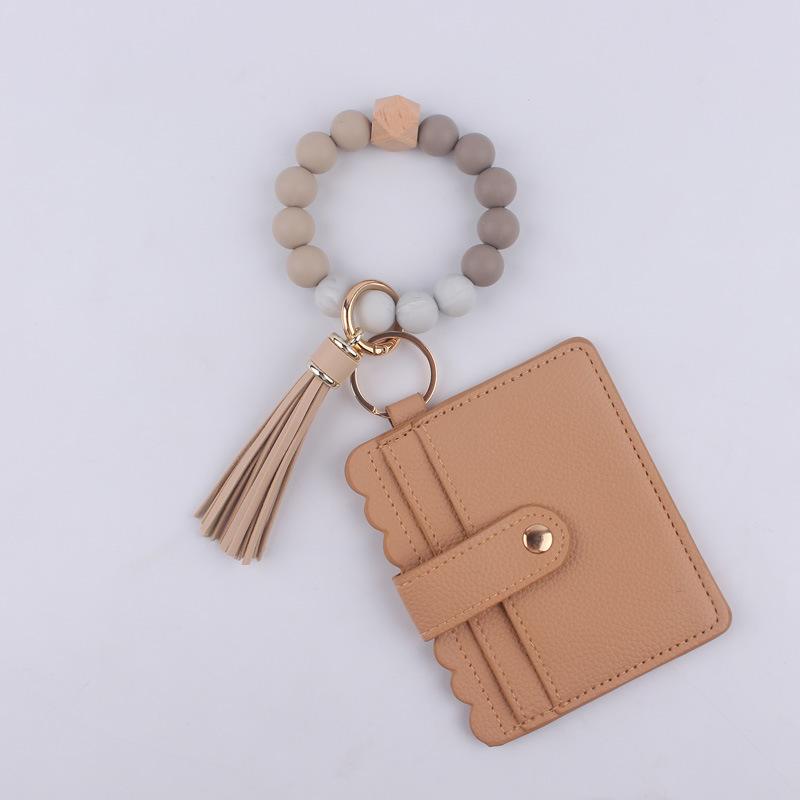 Silicone bead bracelet card holder accessories, silicone bead wristband, PU tassel women's wallet, leather tassel keychain