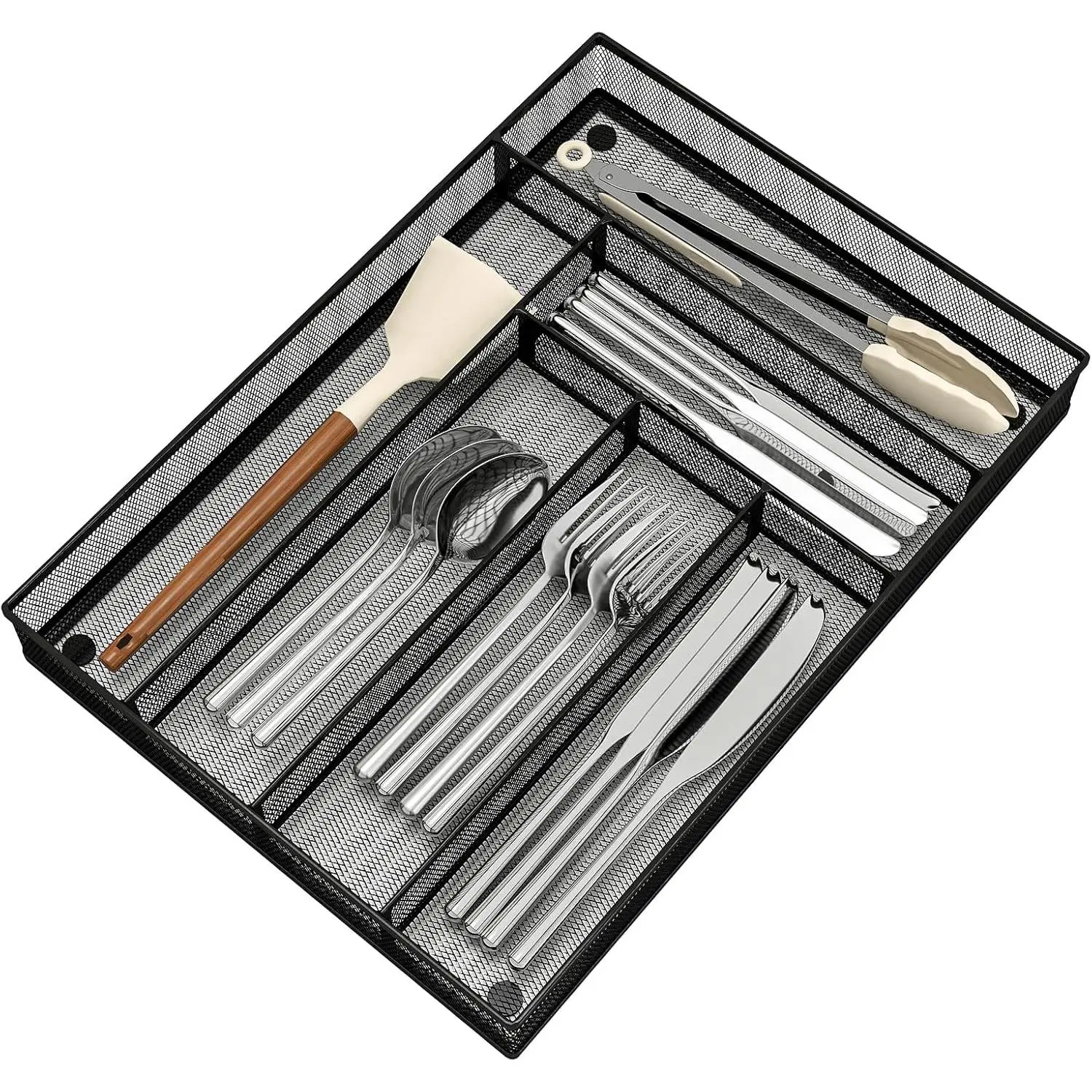 Silverware Organizer Metal Mesh, Large Drawer Organizer, Utensil Cutlery Tray for kitchen drawers, Flatware Organizer with 6 Compartment, Black (11.3”*16“)
